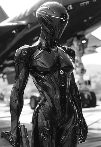 ↑↑↑ Larger size on website 🔸 A black and white image of a robotic figure, clad in a sleek, futuristic suit, stands in front of a  🔸 From Midjourney AI Image Humanoid Robot Concept Art, Robotic Suit, Scifi Robot, Futuristic Suit, Intense Expression, Sci Fi Robot, Tech Armor, Futuristic Outfits, Robot Suit