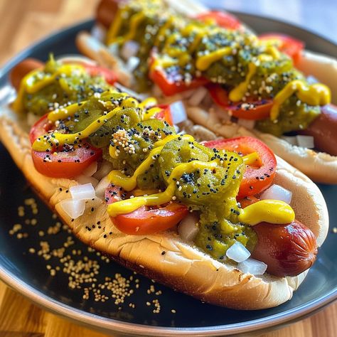 🌭 Dive into the iconic flavors with our Chicago-Style Hot Dog! #WindyCityTaste 🍽️ Chicago-Style Hot Dog 🛒 Ingredients: Hot dogs: 4 Poppy seed buns: 4 Yellow mustard Sweet green pickle relish Chopped onions Tomato wedges Pickle spear Sport peppers Celery salt 👩‍🍳 Instructions: Cook: Boil hot dogs. Assemble: In bun, add mustard, relish, onions, tomato, pickle, peppers, and sprinkle with celery salt. 🌟 Embrace the taste of Chicago with our Chicago-Style Hot Dog. It’s not just a meal, it’s an... Boil Hot Dogs, Pickle Peppers, Poppy Seed Buns, Sport Peppers, Boiled Hot Dogs, Mustard Relish, Chicago Style Hot Dog, Hot Dog Toppings, Celery Salt