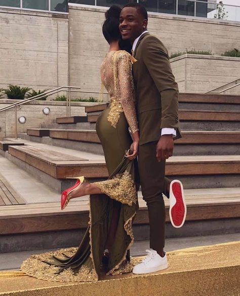 Olive Green Prom Suit, Brown Prom Suits For Black Men, Brown Prom Suit, Couple Prom Outfits, Olive Green Prom Dress, Brown Prom Dress, Couple Prom, Prom Suits For Men, Prom Couples