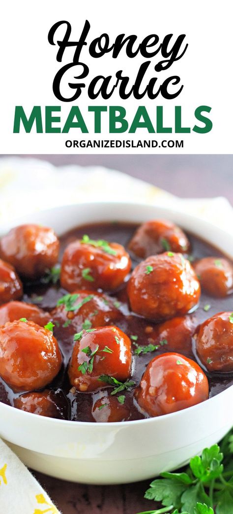 Garlic Meatballs, Honey Garlic Meatballs, Flexitarian Recipes, Asian Appetizers, Bite Size Appetizers, Impressive Recipes, Savory Appetizer, Honey Garlic, Best Dinner Recipes