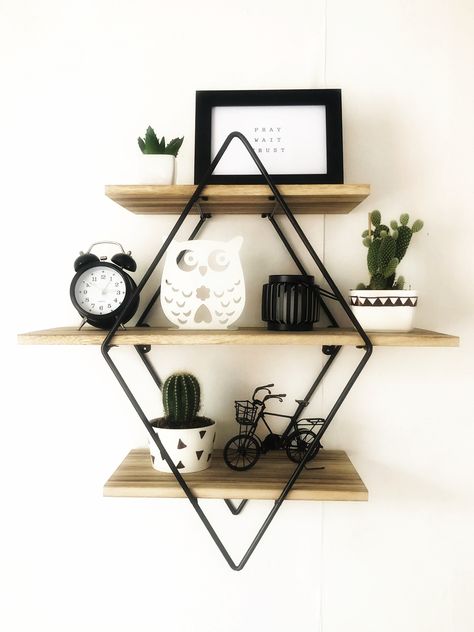 Diamond Shelf Decor, Diamond Wall Shelf, Triangle Shelf Decor, Side Board Decor, Diamond Shelf, Apartment Refresh, Wooden Shelves Kitchen, Shelf Decor Living Room, Geometric Shelves