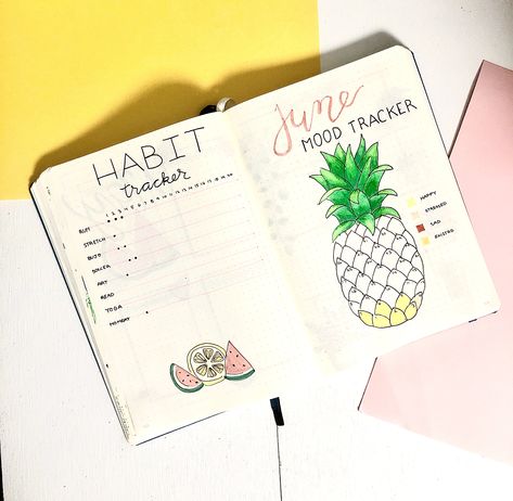 Fruit Mood Tracker, Bullet Journal Fruit Theme, Fruit Bullet Journal, Pineapple Theme, Bullet Journel, Habit Tracker Bullet Journal, Bullet Journal Mood Tracker Ideas, Bullet Journal Ideas Templates, Bullet Journal Paper