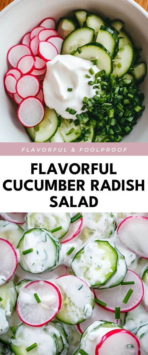 Image for Flavorful Cucumber Radish Salad Radish Snack Ideas, Cucumber Radish Salad, Light Summer Meals, Radish Recipes, Radish Salad, Dior Book, Summer Meal, Vinaigrette Dressing, Radishes