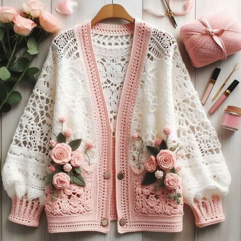 Crochet Flowers On Sweater, Crochet Sweater Design, Mode Crochet, Crochet Clothing And Accessories, Fashion Vocabulary, Designer Dresses Casual, 자수 디자인, Quick Outfits, Stylish Dress Book