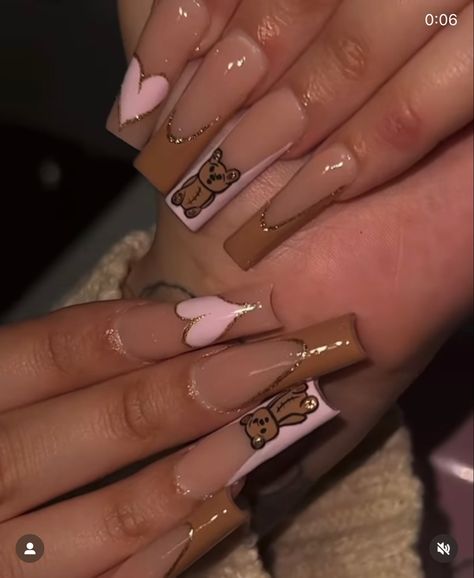 Flare Acrylic Nails, Teddy Bear Nails, Gender Reveal Nails, Bear Nails, Baby Shower Nails, Brown Nail Art, Acrylic Nails Nude, Brown Acrylic Nails, Daily Nails