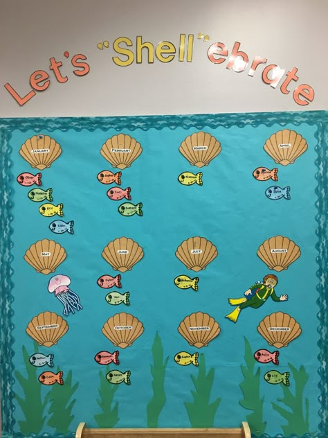 "LET'S "SHELL"EBRATE " 🐚BIRTHDAY BOARD  #Ocean #OceanTheme  #Preschool Ocean Theme Classroom Birthday Bulletin, Birthday Boards For Classroom, Ocean Theme Birthday Chart, Ocean Birthday Bulletin Board, Birthday Display In Classroom Preschool, Ocean Theme Birthday Board, Ocean Board Preschool, Birthday Board Classroom Ideas, Ocean Theme Preschool Decorations