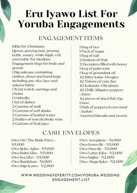 Eru Iyawo List, also knows as the Yoruba Bride Price List, Dowry List or Yorba Engagement List is a list of gift items that is a staple of Yoruba Marriage Culture. The list is given to the groom's family from the brides family. The grooms family then present the items and cash on the list to the bride's family at the traditional wedding ceremony. To learn the symoblic reason behind each gift item, click on the link to view more on www.weddingfeferity.com Eru Iyawo List, Marriage List For Bride, Yoruba Traditional Wedding Decoration, Nigerian Traditional Wedding Decoration, Yoruba Wedding Engagement, Yoruba Wedding Dress, Wedding Planning Checklist Budget, Nigerian Engagement, Yoruba Culture