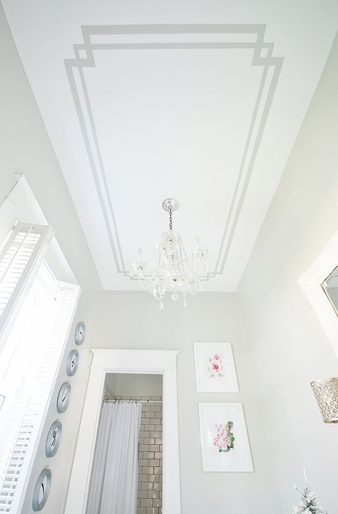 Simple and Easy DIY Painted Ceiling Project - Thistlewood Farm Ceiling Panels Ideas Living Room, Painted Ceilings Bathroom, Diy Painted Ceiling, Hallway Ceiling Ideas, Painted Ceiling Design, Stencil Ceiling, Diy Ceiling Paint, Creative Ceiling Design, Bathroom Ceilings