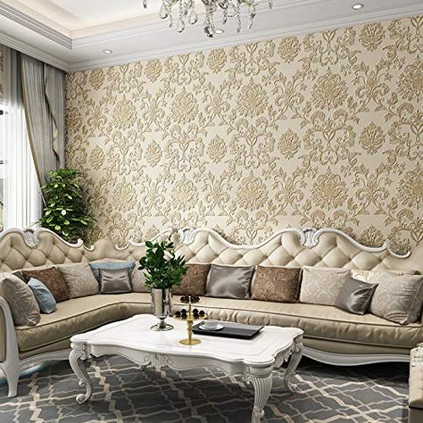 Damask Wallpaper Living Room, Gold Damask Wallpaper, European Wallpaper, Luxurious Wallpaper, Living Room Hall, Living Room Background, Wall Art Bedroom, Embossed Wallpaper, Custom Murals