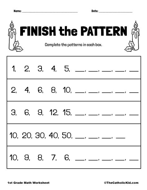 Maths Patterns, Pattern Maths Worksheet, Patterns Worksheet, Finish The Pattern Worksheet, Patterns Grade 1, Number Pattern Activities Grade 1, Math Patterns Grade 2, Pattern Worksheet Grade 2, Patterns Worksheet Class 2