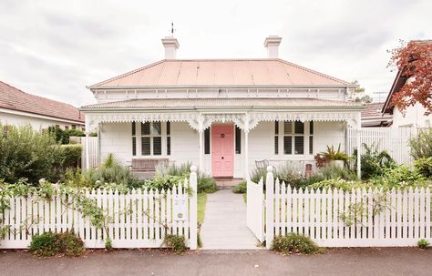 A Victorian Family Home Revived With Pastel Interiors Victorian Beach House, Dulux Natural White, Pressed Metal Ceiling, Pink Front Door, Clifton Hill, Pastel Interior, Interior Tiles, Pink Door, Beach Shack