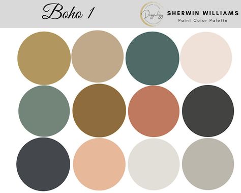 Beach House Paint Colors, Boho Paint Colors, Boho Color Palette, Warm Grey Paint Colors, Warm Gray Paint, Paint Palettes, Sherwin Williams Colors, House Color Palettes, Boho Color