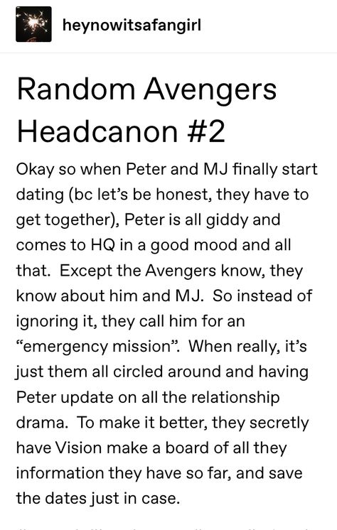 Add my tumblr @heynowitsafangirl and let’s chat! #marvel #avengers #headcanon Marvel Headcanon Funny, Domestic Avengers Headcanons, Marvel Headcanon Spiderman, Superfamily Avengers Headcanons, Frostiron Headcanons, Spiderman Headcanon, Mcu Headcanon, Ironstrange Headcanons, Funny Headcanons