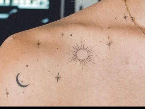 Moon And Stars Rib Tattoo, Celestial Fine Line Tattoo, Tattoo Sonne, Sky Tattoos, Celestial Tattoo, Sun Tattoo Designs, Tribute Tattoos, Astrology Tattoo, Palm Tattoos