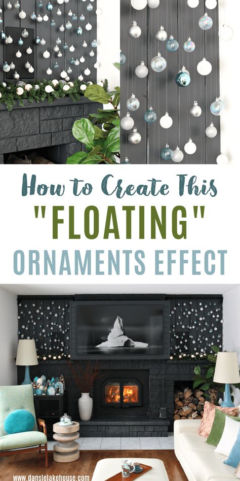 floating ornaments Christmas Ornament Wall Display, Cascading Ornaments, Diy Ornament Display, Modern Christmas Decor Ideas, Christmas Tree Alternative, Display Ornaments, Floating Ornaments, Ornament Wall, Diy Ornament