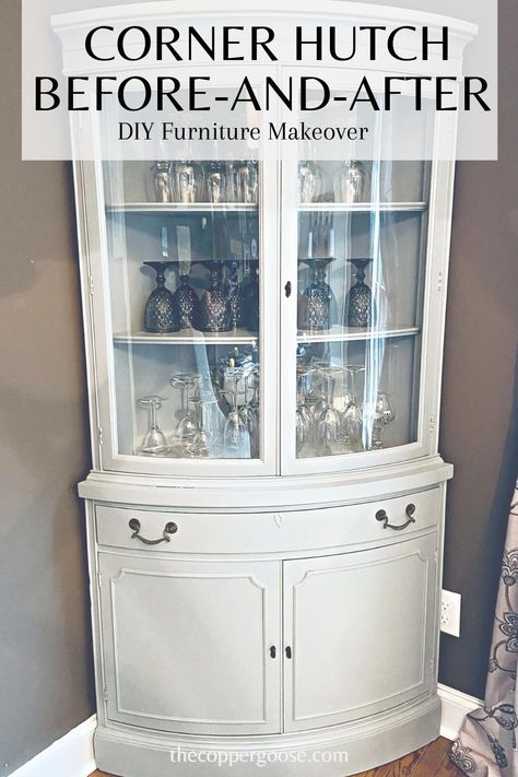 This scratched and mildewed corner hutch was easily transformed into a beautiful, functional storage piece in just a few hours using Good Bones Paint – no priming or sealing required! Check out the before-and-after… refurnibshed furniture // hutch ideas // cabinet makeover // how to paint furniture // painted furniture ideas // thrifted furniture // vintage furniture // painted furniture tutorial #furnitureflip #furnituremakeover Painting Hutch Ideas, Corner China Cabinet Makeover, Hutch Makeover Coffee Bar, Corner Hutch Makeover, Corner Cabinet Makeover, Hutch Makeover Diy, Corner Cabinet Dining Room, China Hutch Makeover, Diy Painted Furniture