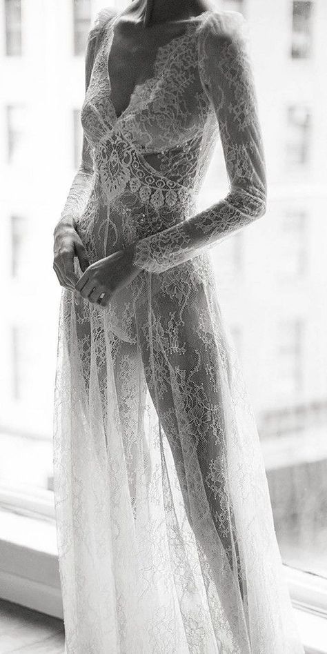 Chantilly Lace Wedding Dress, Alon Livne, Sheer Wedding Dress, Bride Fashion, Grace Loves Lace, The Lane, Wedding Gowns Lace, Long Puff Sleeves, White Wedding Dresses