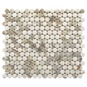 Calacatta Vecchia Ceramic Penny Mosaic Penny Mosaic, Yellow Tile, Penny Tile, Polished Porcelain Tiles, Round Tiles, Porcelain Wall Tile, Stone Look Tile, Hexagonal Mosaic, Marble Look Tile