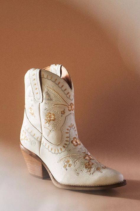 Dingo 1969 Primrose Leather Booties | Anthropologie Bridal Boots Lulus, Mother Of Bride Boots, Wedding Vintage Boots, Fancy Wedding Boots, Ankle Boots Bride, Cute Wedding Dresses Country Cowgirl Boots, Bride In Ankle Boots, Bridal Cowboy Boots, Proposal Outfit