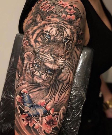 Tiger Tattoos For Women, Tiger Tattoo Ideas, Butterflies Tattoos, Animal Lover Tattoo, Lover Tattoo, Tiger Tattoo Sleeve, Tiger Tattoos, Cubs Tattoo, Beautiful Tiger