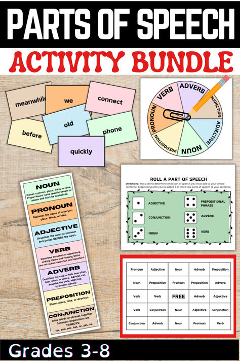 Help students master Parts of Speech with this activity bundle. Kids can trade word cards, then use them to grow simple sentences or build new sentences, sort words by part of speech, spin a part of speech spinner or roll a die in order to generate a word bank, or play Bingo. This bundle includes: printable part of speech word cards in both color and black & white, a quick-reference bookmark helper, worksheets, and game boards. It's everything you need to review and practice the parts of speech. Parts Of Speech Activity, Parts Of Speech Activities, Sentence Building, Nouns And Adjectives, Speech Activities, Word Building, Game Boards, Simple Sentences, Word Bank