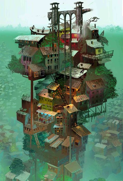 Vertical City, Shanty Town, Dennis The Menace, Floating City, Colossal Art, Digital Paintings, Architecture Painting, Visual Culture, Minecraft Ideas