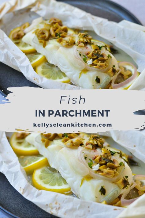 Fish in Parchment Paper | Healthy Personal Chef | This is one of my favorite ways to prepare fish because the steam makes it moist and the flavors harmonize and flavor the fish. See tons of seafood ideas, seafood ideas for dinner, parchment steamed fish, parchment paper fish recipes, and baked fish in parchment paper. If you are looking for more fish recipes head to kellyscleankichen.com Fish For One Person, Parchment Baked Fish, White Fish Foil Packets For The Oven, White Fish In Parchment Paper Recipes, Cod Cooked In Parchment Paper, Parchment Fish Packets, Baked Fish In Parchment Paper, Parchment Paper Fish Recipes, Halibut In Parchment Paper