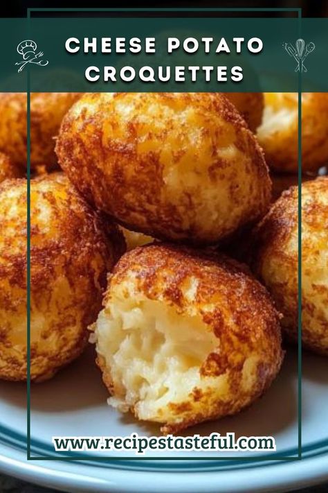 Indulge in the crispy, cheesy goodness of homemade cheese potato croquettes. These delightful bites are perfect as an appetizer or a comforting snack, combining creamy potatoes with rich cheddar and Parmesan, all encased in a crispy coating. Cheesy Potato Bites, Potato Cheese Bites, Creamy Potatoes, Croquettes Recipe, Cheese Potato, Parmesan Cheese Potatoes, Potato Croquettes, Crispy Cheese, Potato Bites