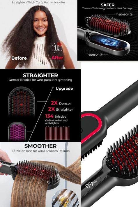 TYMO Hair Straightener Brush - Upgraded Ionic Plus Straightening Brush with Dense Bristles, 16 Temps, Dual Voltage | Heat Brush Straightener for Women | Flat Iron Comb for Thick Curly Hair Tymo Hair Straightener Brush, Tymo Hair, Heat Brush, Curly Hair Designs, Brush Straightener, Hair Straightener Brush, Straightener Brush, Thick Curly Hair, Hair Brush Straightener