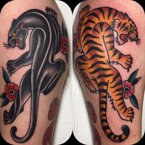 Andrew Mcleod en Instagram: “Kylie Maree's Panther and tiger together” Traditional Panther, Traditional Tiger Tattoo, Traditional Panther Tattoo, Tattoo Perna, Japanese Tiger Tattoo, Tiger Tattoos, Jaguar Tattoo, Shin Tattoo, Panther Tattoo