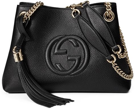 Gucci Soho Small Leather Tote Bag w/ Chain Straps, Black and tassel.  So Classic and gorgeous! Gucci Soho Bag, Gucci Soho, Gucci Purses, Gucci Tote Bag, Leather Tote Purse, Genuine Leather Totes, Leather Handbags Tote, Handbag Black, Genuine Leather Handbag