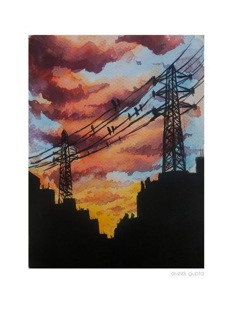 #watercolor #sunset #sunrise #city #silhouette #painting City Watercolor Painting Cityscapes, Watercolor Sillouhette Painting, City Sunset Painting, Watercolor Silhouette Painting, Sunset Sketch, Watercolor Cityscape, Acryl Painting, Sunset Tattoos, Watercolor City