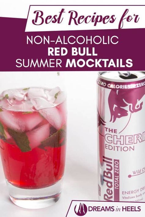 Delicious Non-alcoholic Red Bull Summer Mocktails - Recipes for your next staycation! #staycation #homemade #mocktails #drinkrecipes #redbull via @dreamsinheels Non Alcoholic Drinks With Red Bull, Energy Drink Mixed Drinks, Redbull Energy Drink Recipes, Mocktails Redbull, Red Bull Mocktail, Redbull Mock Tails, Redbull Drink Recipes Non Alcoholic, Red Bull Drinks Non Alcoholic, Homemade Mocktails