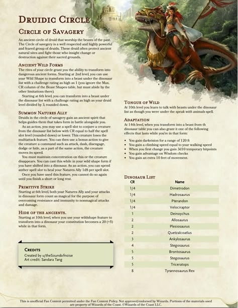 Circle of Savagery - Dinosaur Druid in 5e V1.1 : UnearthedArcana Druid Circles 5e, Homebrew Druid Circle, Druid Homebrew 5e, Druid Subclasses 5e, Dnd Druid Circle, Druid Healer, Druid Circle, Homebrew Classes, Dungeons And Dragons Races