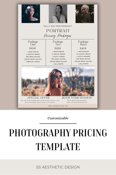 Make your photography business stand out with this photogrpahy pricing template. Customize colors, graphics, and branding - Editable through Canva, this template will let you easily create beautiful pricing brochures for your growing business! Photography Offer Template, Template Price List, Photography Price List Template, Photography Business Plan, Photography Pricing Template, Workshop Photography, Photography Pricing Guide, Photography Price List, Pricing Guide Photography