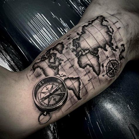 Ship Tattoo Sleeves, Compass And Map Tattoo, Nautical Tattoo Sleeve, World Map Tattoos, Black Line Tattoo, Globe Tattoos, Map Tattoo, Inner Bicep Tattoo, Geometric Sleeve Tattoo