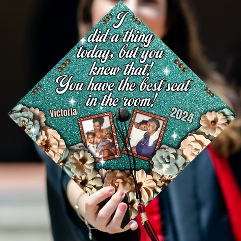 Honor the memory of a loved one on your graduation day with our Custom Memorial Graduation Cap Topper. This heartfelt accessory allows you to pay tribute to someone special who has passed away while celebrating your own achievements. With meticulous attention to detail, our cap topper can be personalized with a name, or meaningful message, creating a truly personalized memorial. Crafted from high-quality materials, it securely attaches to any graduation cap, ensuring it stays in place during the Cap Decoration Graduation Memorial, Graduation Cap Designs Family, Graduation Cap Designs For Dad In Heaven, Grad Cap For Lost Loved One, Graduation Cap With Pictures, Graduation Cap Designs Memorial, Graduation Cap Designs With Pictures, Graduation Caps For Lost Loved Ones, Graduation Cap Ideas For Lost Loved Ones