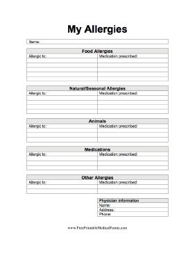 Printable My Allergies Allergy Forms For Daycare, Allergy Cards Free Printable, Mold Food Allergies, Medical Organization, Medical Notebook, Medical Binder Printables, Medical Printables, Family Emergency Binder, Allergy Season