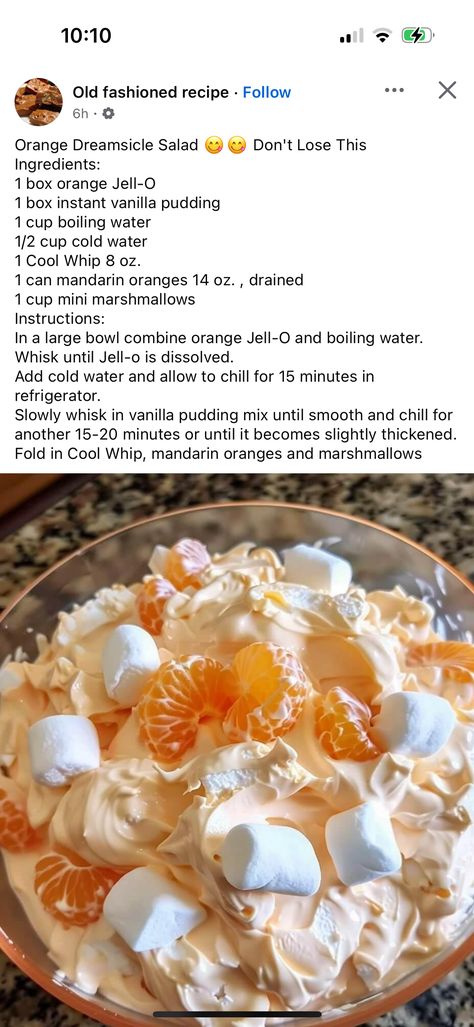 Orange Dreamsicle Salad, Dreamsicle Salad Recipe, Dreamsicle Salad, Mandarin Orange Salad, Easy Fruit Salad Recipes, Orange Dreamsicle, Fruit Salad Easy, Fluff Recipe, Jello Recipes