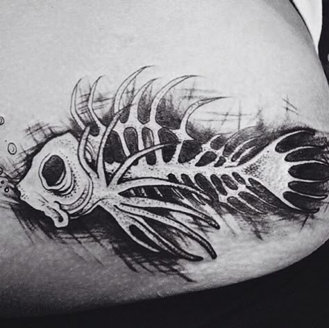 Bonefish Tattoo, Fish Bones Drawings, Bone Fish Tattoo, Fish Bone Drawing, Fish Skeleton Tattoo, Fishbone Tattoo, Fish Bone Tattoo, Sea Inspired Art, Bone Drawing