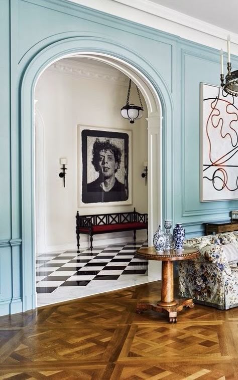 House With Tile Floors, Clashing Patterns Interiors, Interiors With Character, Colorful French Interior Design, Colorful Trim White Walls, Surrealist Interior Design, French Blue Room, Sorority House Interior, Colorful Houses Interior