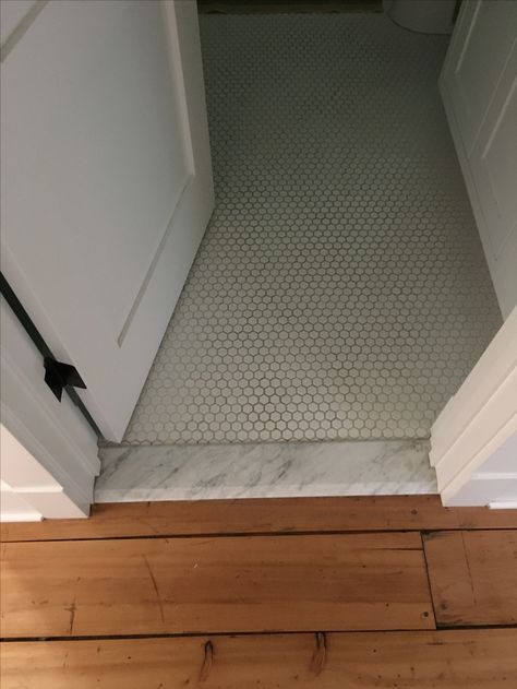 Wood Floor Doorway Transition, Flooring Threshold Transition, Floor Threshold Transition, Brass Threshold Transition, Bathroom Door Threshold, Stone Threshold Entrance, Marble Threshold Bathroom, Door Threshold Ideas Interior, Marble Door Threshold