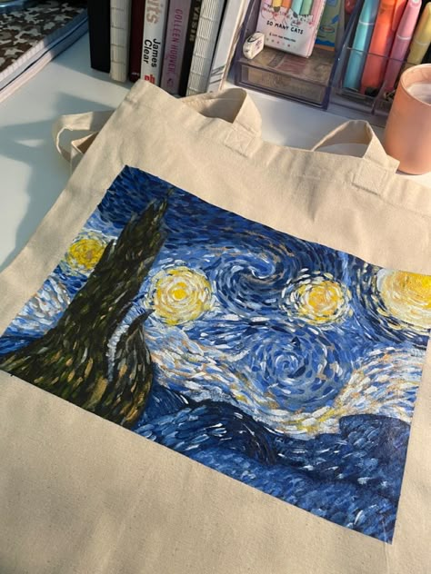 Starry night painting on a tote bag, cool artistic affordable tote bag for sale Starry Night Tote Bag, Painting On Bags Ideas, Painted Tote Bag Aesthetic, Painted Bags Ideas, Tote Bag Art Painting, Aesthetic Tote Bag Painting, Custom Tote Bag Aesthetic, Painting On Tote Bags, Paint On Bag