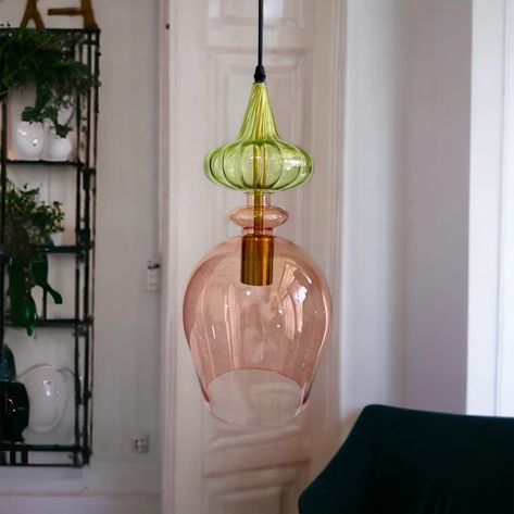 Rosy Dome Blown Glass Light pendant: Custom colours by LesTroisPyramides on Etsy Pendant Light Bedroom, Pendant Lighting Kitchen, Bedroom Eclectic, Blown Glass Lighting, Wire Installation, Plug In Pendant Light, Edison Bulbs, Glass Light, Hanging Light Fixtures