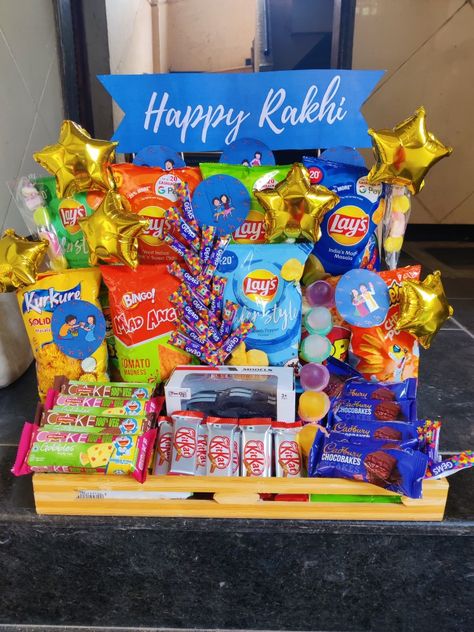 Birthday Hamper Ideas, Rakhi Diy, Hamper Diy, Handmade Hamper, Gifts Packing, Birthday Room, Hamper Ideas, Candy Bouquet Diy, Happy Rakhi