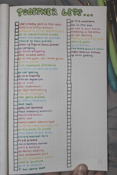 Bucket | list | journal | journaling | check | color | coloring | bullet | goals | relationship | girlfriend | boyfriend | goals | couple | couples | Bucket List Boyfriend Couple Goals, Cute Journal For Bf, Relationship Ideas Diy, Bucket List For Boyfriend, Journal For Couples Ideas, Boyfriend List Things To Do, Cute Journal Ideas For Couples, Book About My Boyfriend, Cute Gifts To Give Your Girlfriend