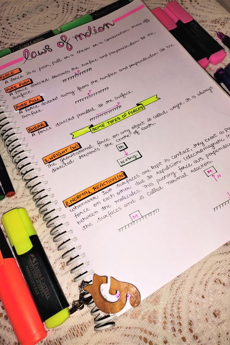 Get Newton's Laws of motion | Beautiful handwritten lecture | cute notes | contains Force, pure push, pure pull, shear like | orange subheading in ribbon banner | with Pink Heading design... #newtonslaws #lawsofmotion #Physicsnotes #Notes #Physics #handwritten #cutenotes #coolnotes #NotesDesign #Collegenotes #takingnotes #BeautifulNotes #headings Heading And Subheading Ideas, Newtons Law Of Motion Notes, Force And Laws Of Motion Notes, Physics Forces And Motion Notes, Laws Of Motion Notes Class 11 Aesthetic, Lesson Notes Ideas, Force And Motion Notes, How To Make Physics Notes, How To Take Physics Notes