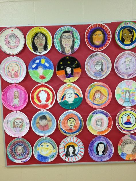 Student paper plate portraits Paper Plate Self Portrait, Kid Projects, Art Lesson Ideas, Arts Ed, Book Fair, Self Portraits, Elementary Art, Paper Plate, Lesson Ideas