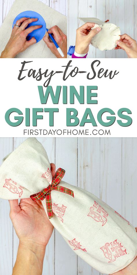 Make this easy DIY wine bottle gift bag with drop cloth fabric and decorate it using fabric stamps. Get a free pattern and full tutorial! #winebag #giftbag #freepatterns #sewing #firstdayofhome Fabric Wine Bottle Bag, Wine Bag Pattern, Fabric Wine Bags, Wine Gifts Diy, Drop Cloth Projects, Wine Gift Bags, Holiday Gift Tags Printable, Wine Bottle Gift Bag, Bag Sewing Pattern