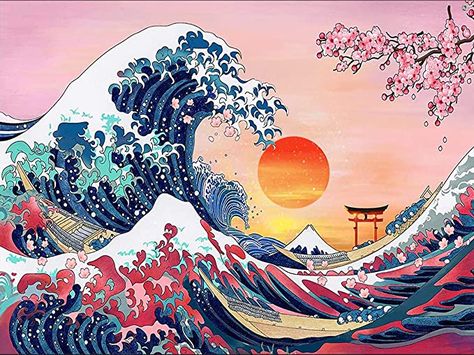 The Great Wave Diamond Painting for Adults Beginners,Japanese Ocean Wave with Cherry Blossom Tree Backdrop Sunset Round Full Drill for Gift and Home Wall 12x16inch Ocean Wave Painting, Monte Fuji, Mont Fuji, Japanese Waves, The Great Wave, Great Wave Off Kanagawa, Wave Painting, Hur Man Målar, Wave Art